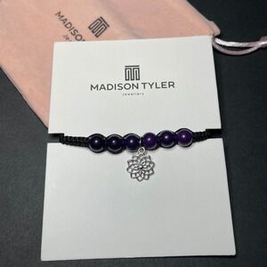 Madison Tyler Purple‎ Bead Lotus Charm Adjustable Black Cord Bracelet NWT